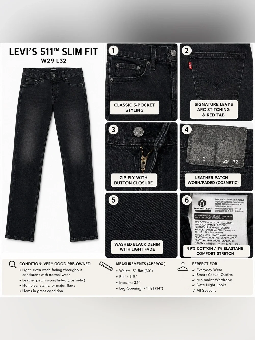 Levi’s 511 Slim Fit Black Stretch Jeans W29 L32 Faded Denim Classic Men’s